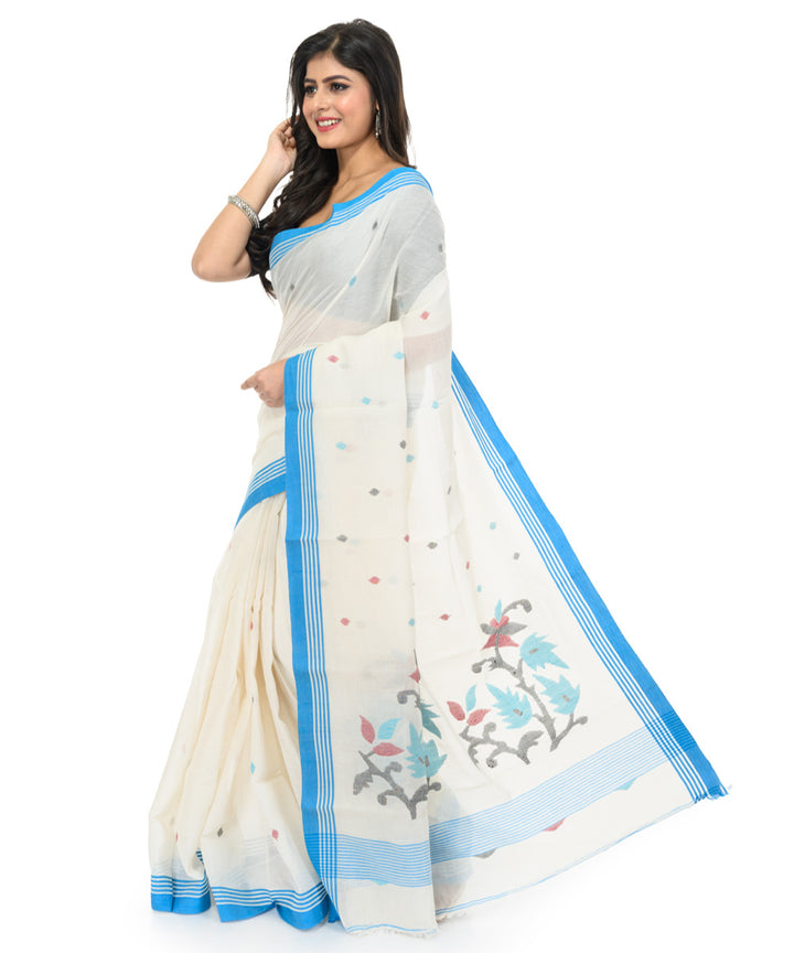 White sky blue handwoven cotton bengal saree