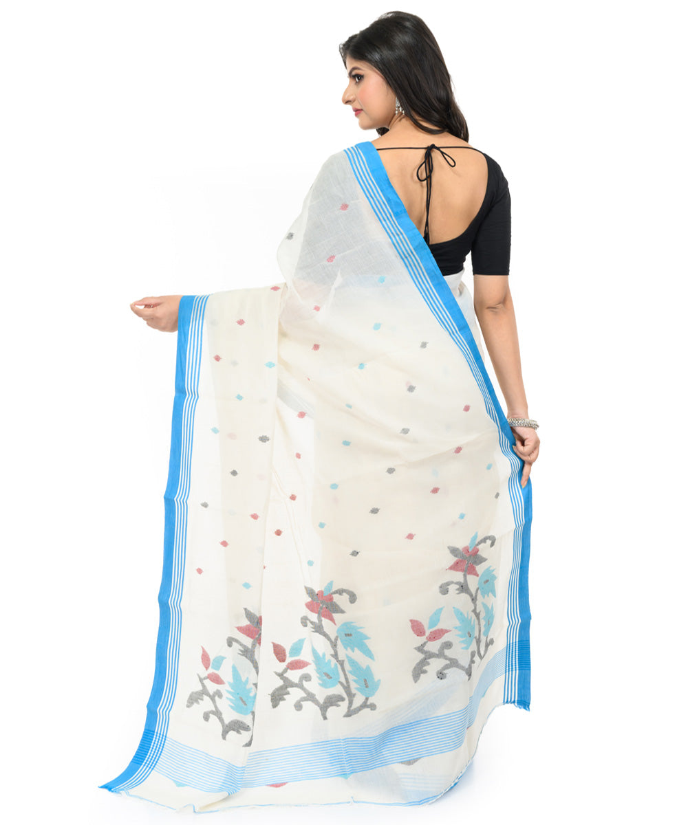 White sky blue handwoven cotton bengal saree