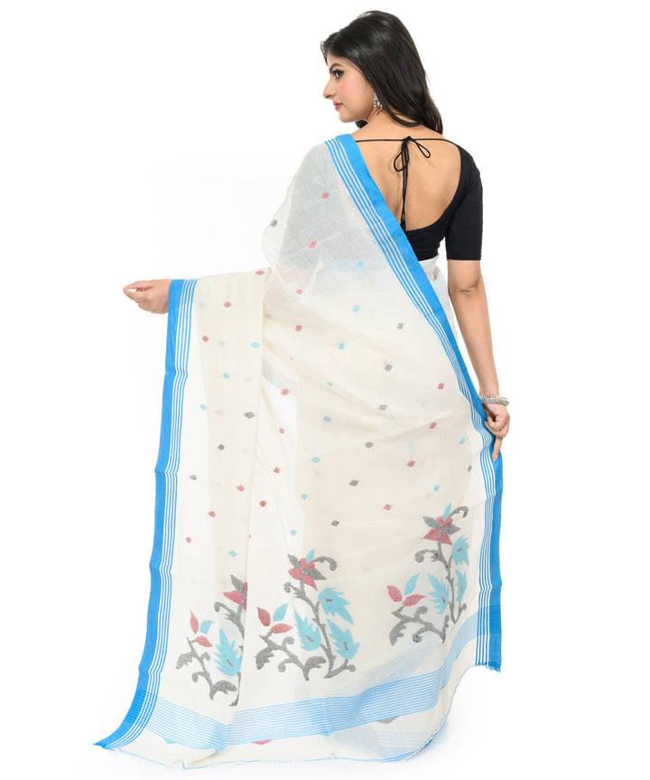White sky blue handwoven cotton bengal saree