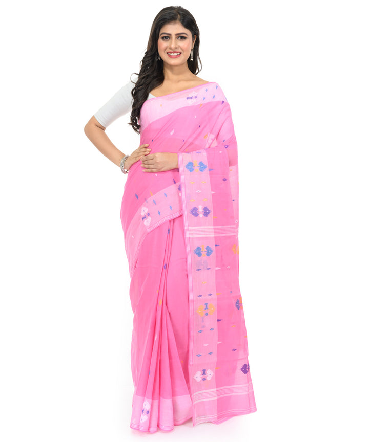 Pink white hand woven bengal cotton saree
