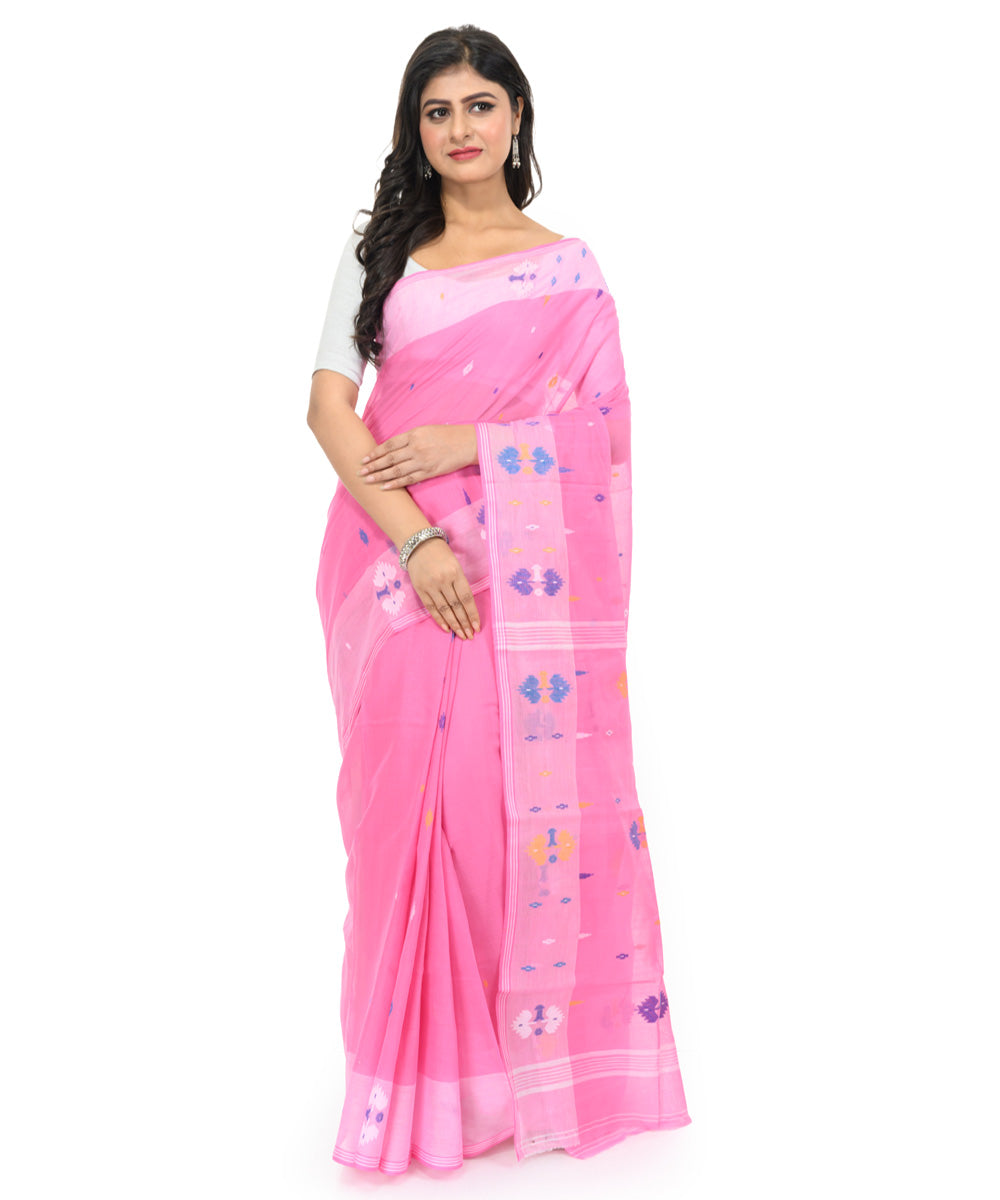 Pink white hand woven bengal cotton saree