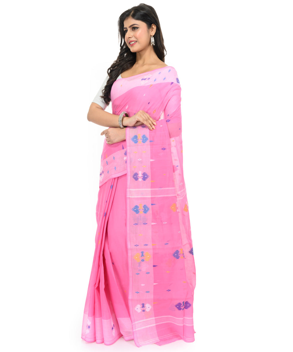 Pink white hand woven bengal cotton saree