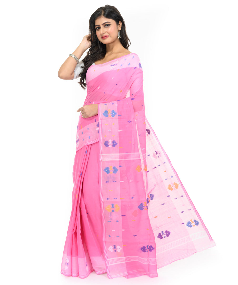 Pink white hand woven bengal cotton saree