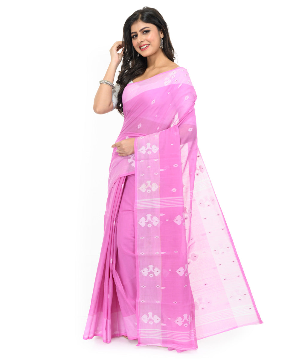 Pink offwhite hand woven bengal cotton saree