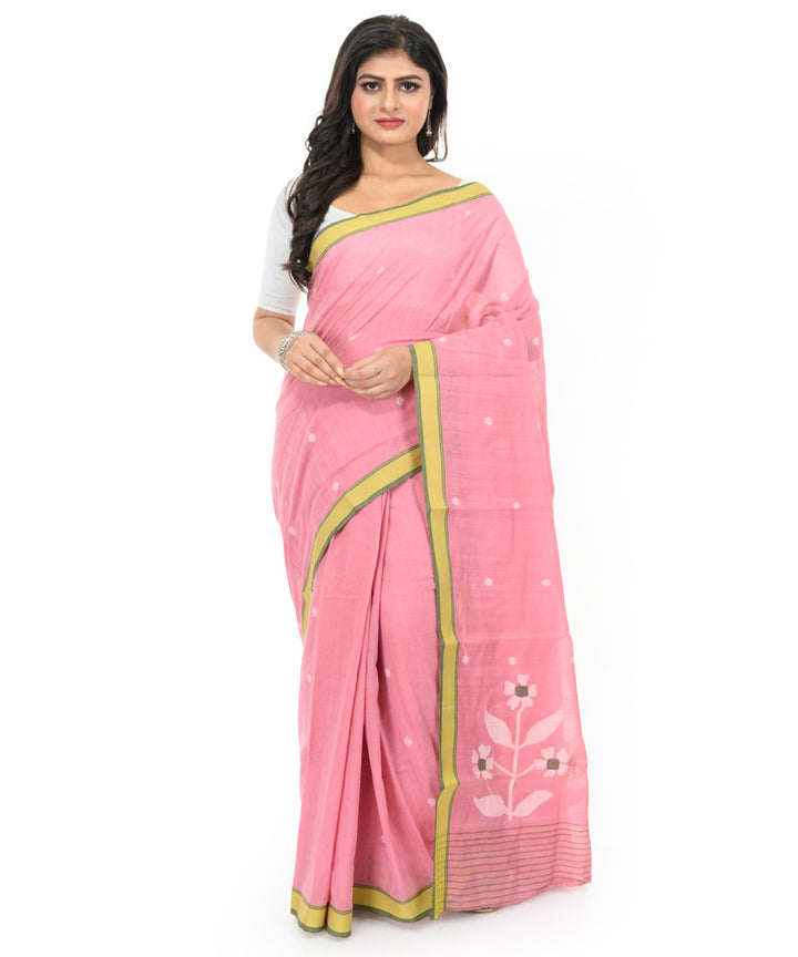 Pink yellow handwoven bengal cotton saree
