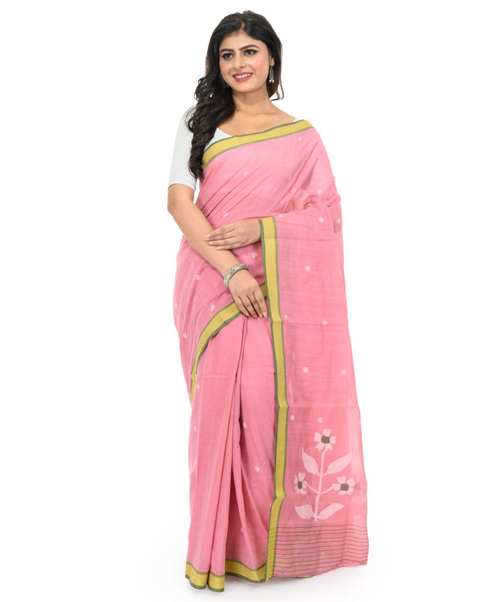 Pink yellow handwoven bengal cotton saree