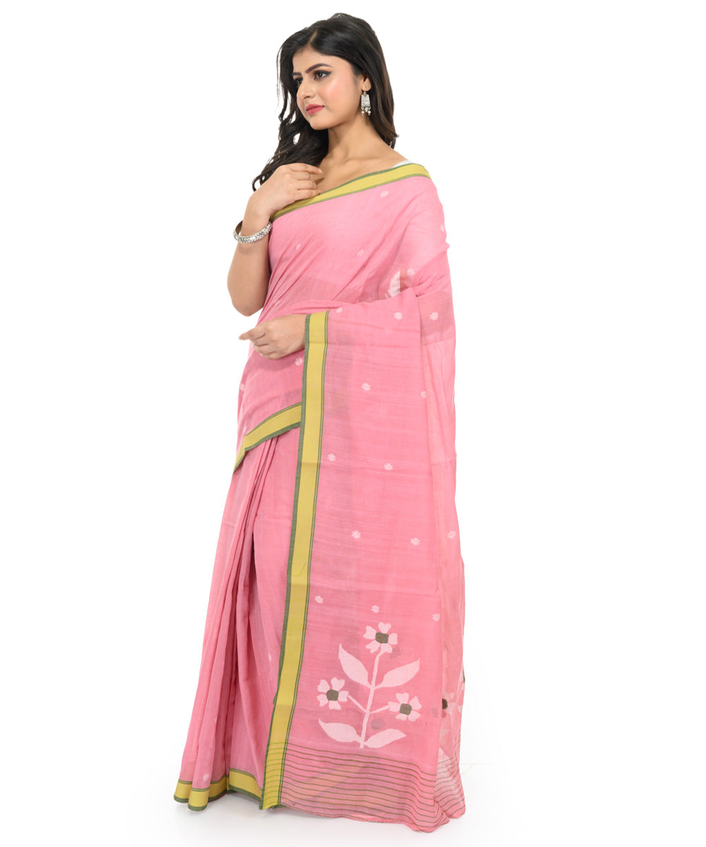 Pink yellow handwoven bengal cotton saree