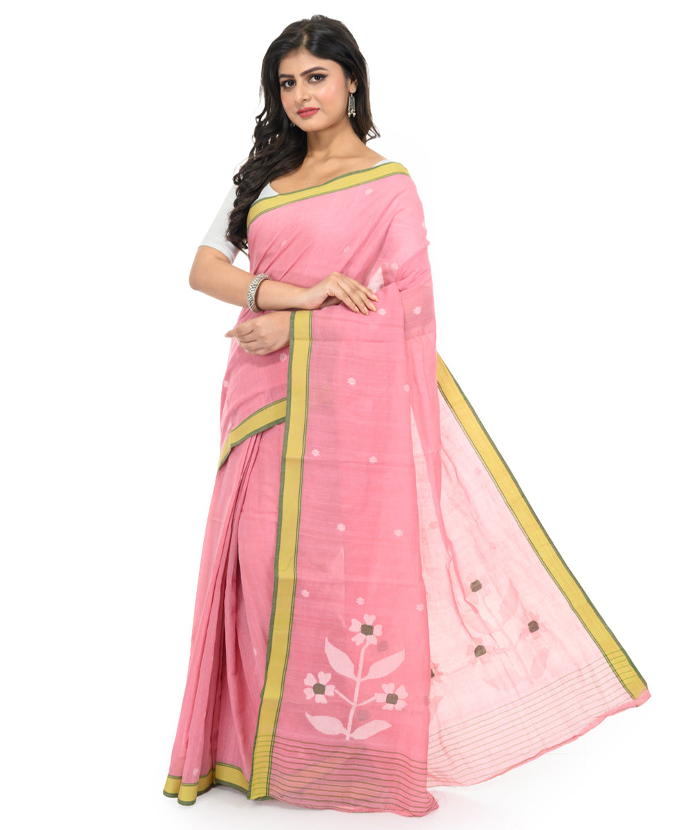 Pink yellow handwoven bengal cotton saree
