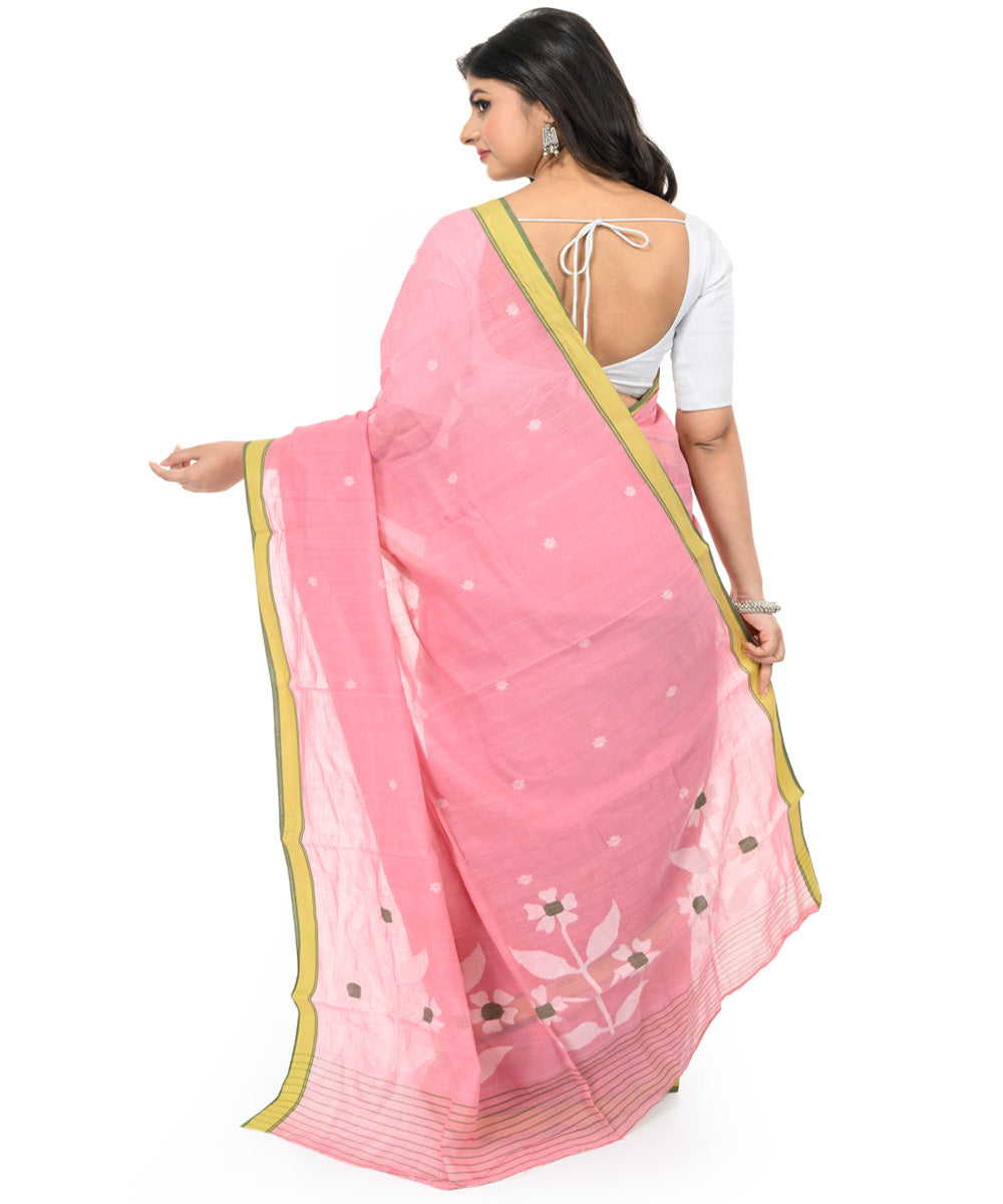 Pink yellow handwoven bengal cotton saree