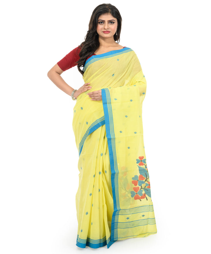 Light yellow sky blue handwoven bengal cotton saree