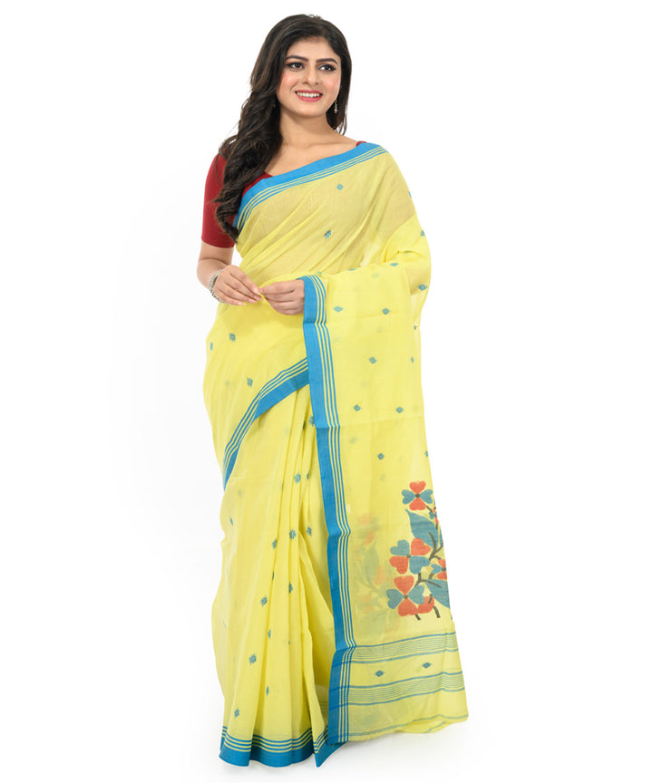 Light yellow sky blue handwoven bengal cotton saree