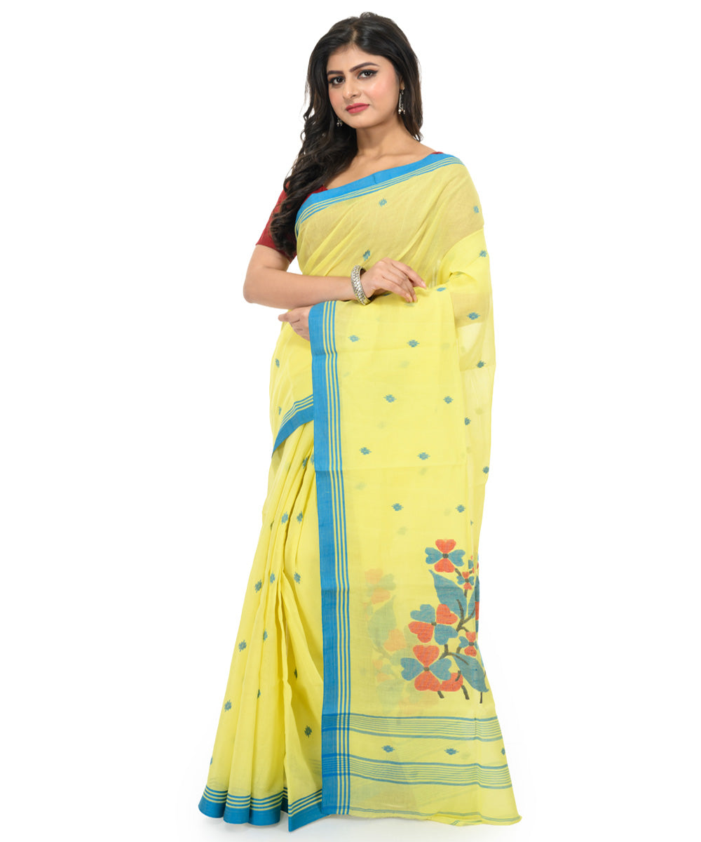 Light yellow sky blue handwoven bengal cotton saree