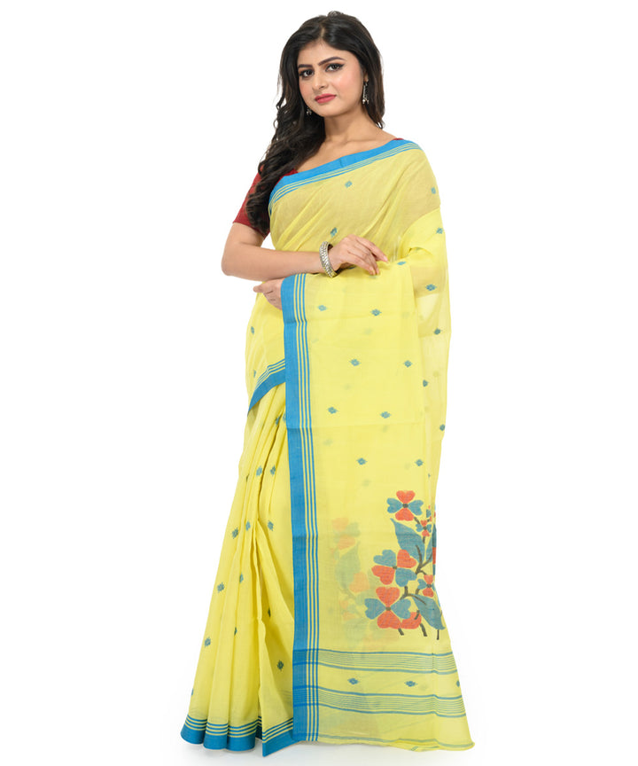 Light yellow sky blue handwoven bengal cotton saree