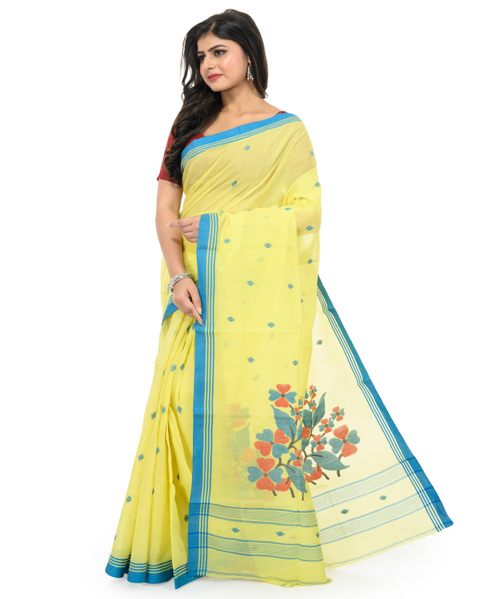 Light yellow sky blue handwoven bengal cotton saree