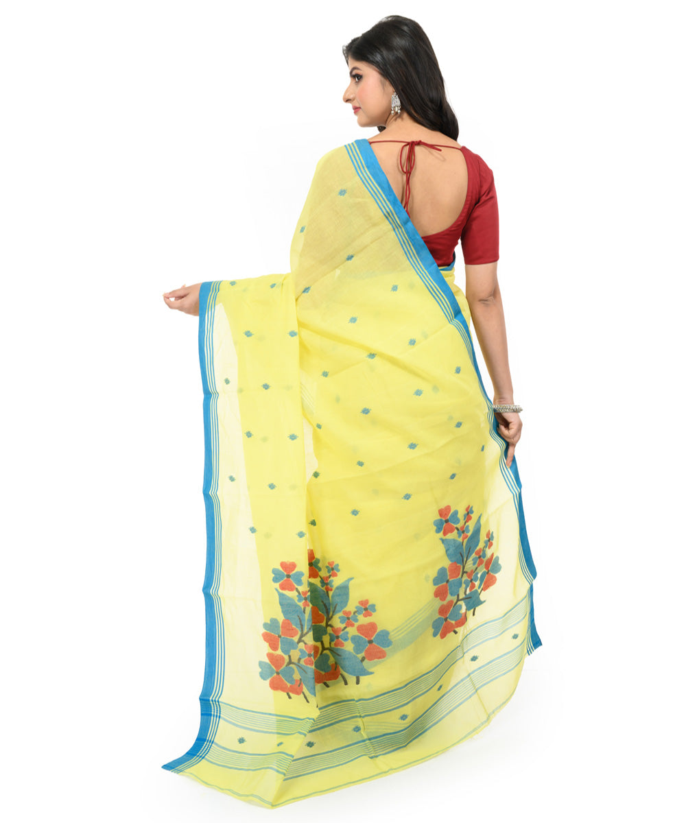 Light yellow sky blue handwoven bengal cotton saree