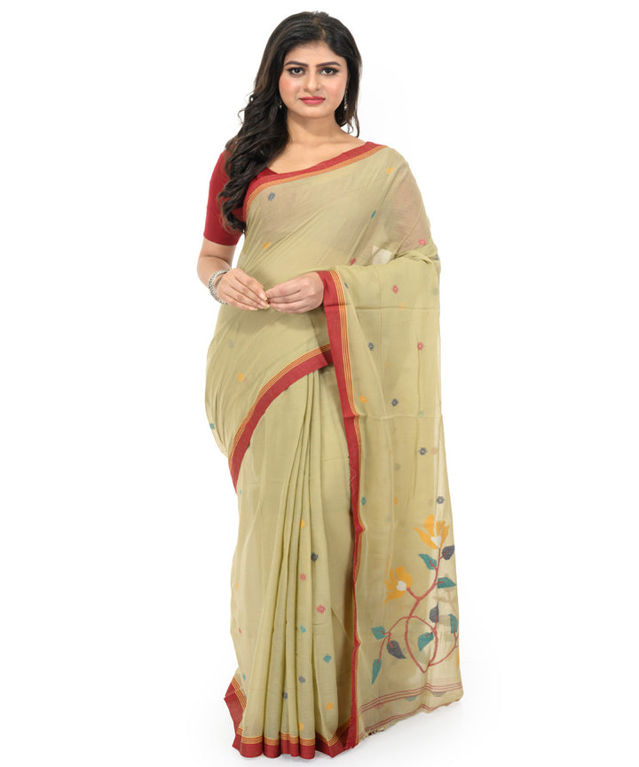 Peach maroon handwoven bengal cotton saree