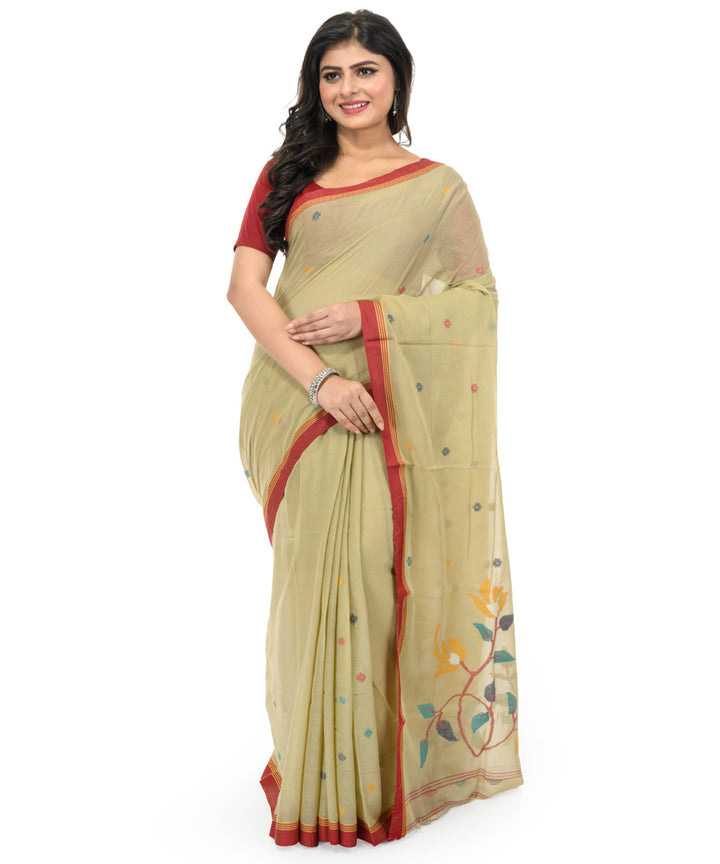 Peach maroon handwoven bengal cotton saree