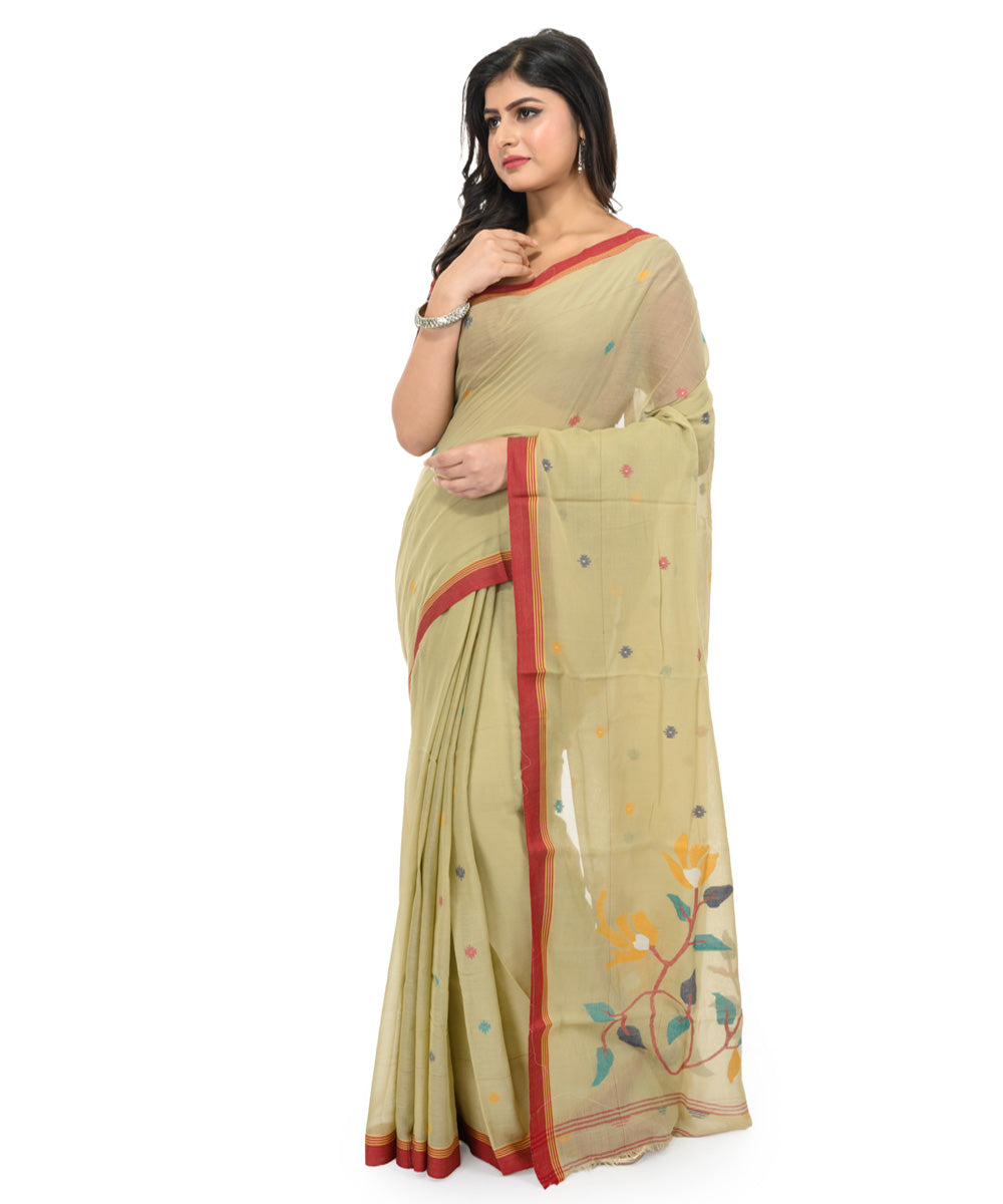 Peach maroon handwoven bengal cotton saree