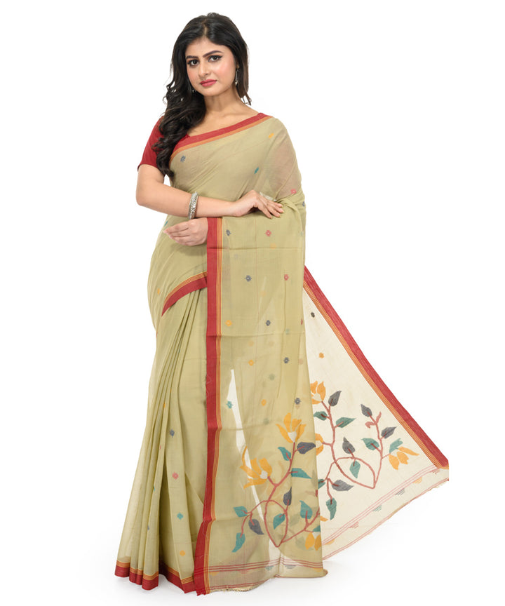 Peach maroon handwoven bengal cotton saree