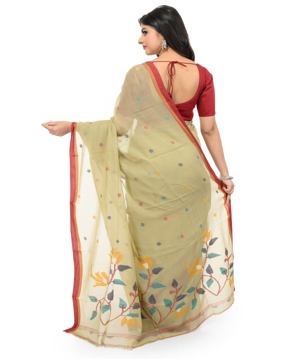 Peach maroon handwoven bengal cotton saree