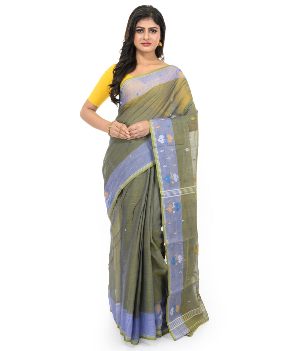 Olive green handwoven bengal cotton saree