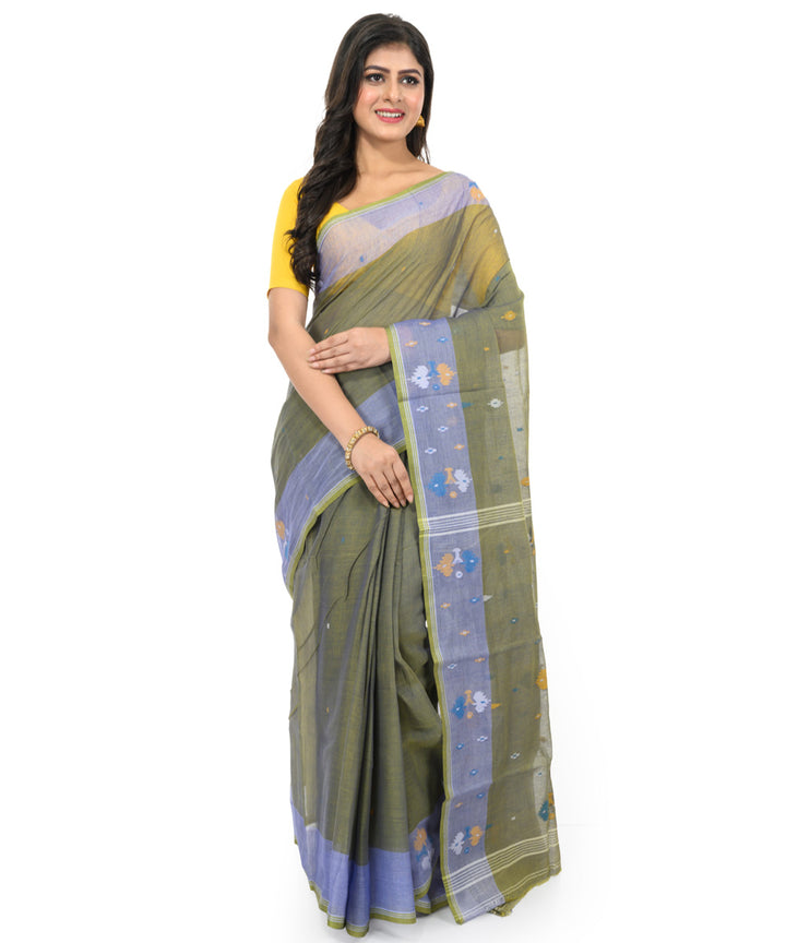 Olive green handwoven bengal cotton saree