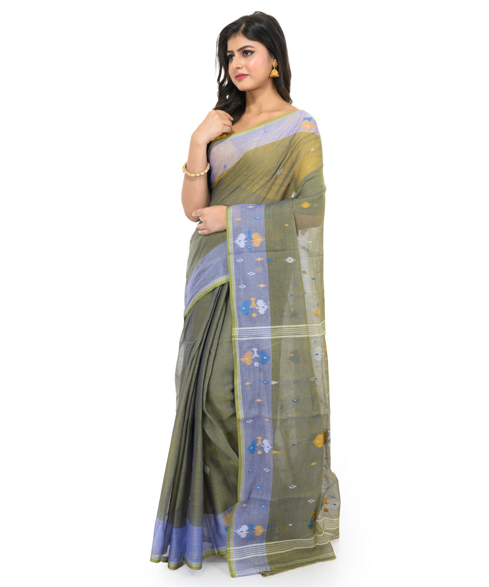 Olive green handwoven bengal cotton saree