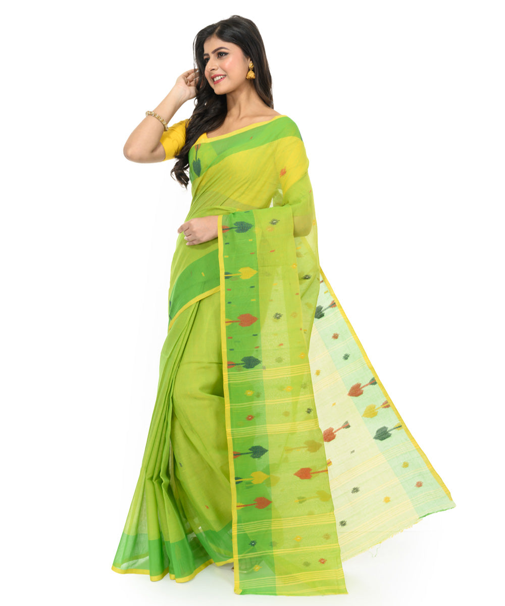 Light green yellow handwoven bengal cotton saree