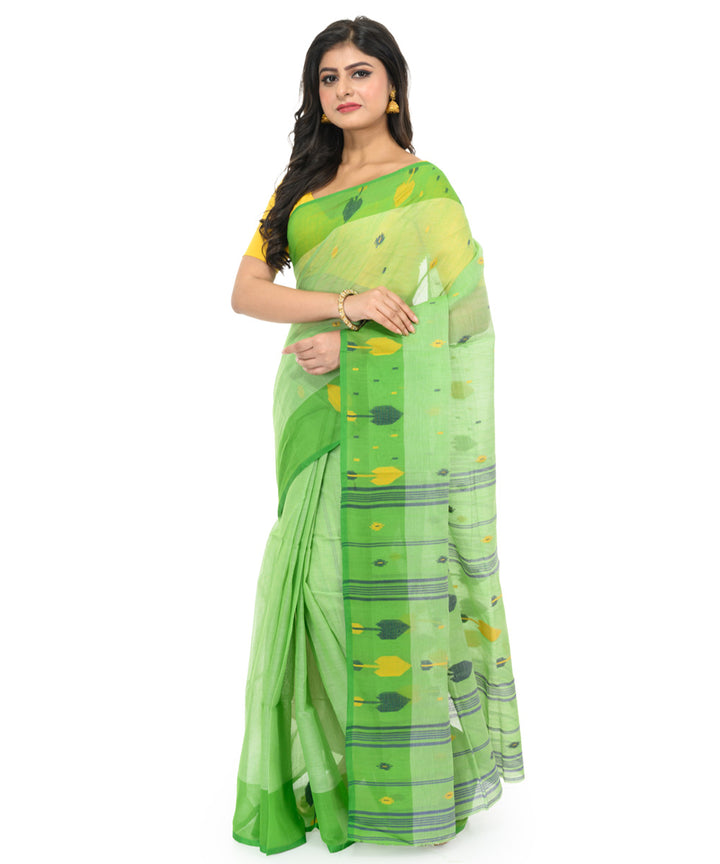 Light green multicolor handwoven bengal cotton saree