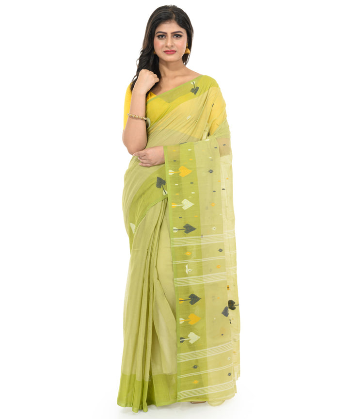 Light green yellow handwoven cotton bengal saree
