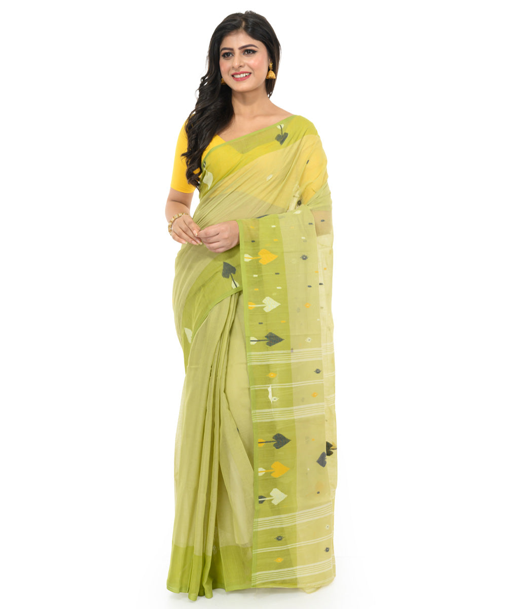 Light green yellow handwoven cotton bengal saree