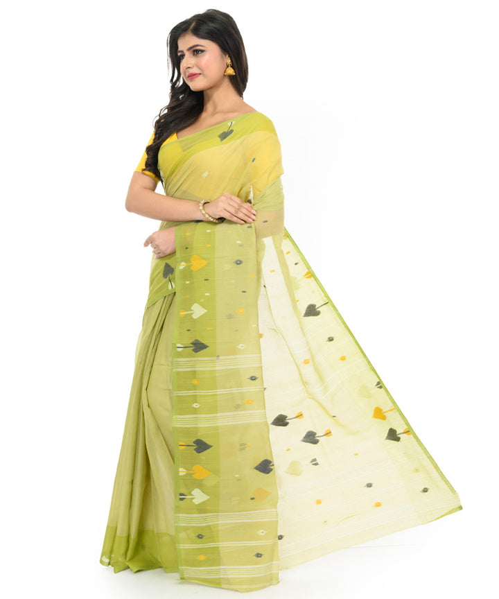 Light green yellow handwoven cotton bengal saree