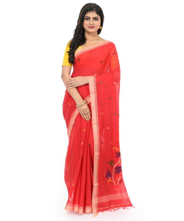 Red offwhite handwoven bengal cotton saree