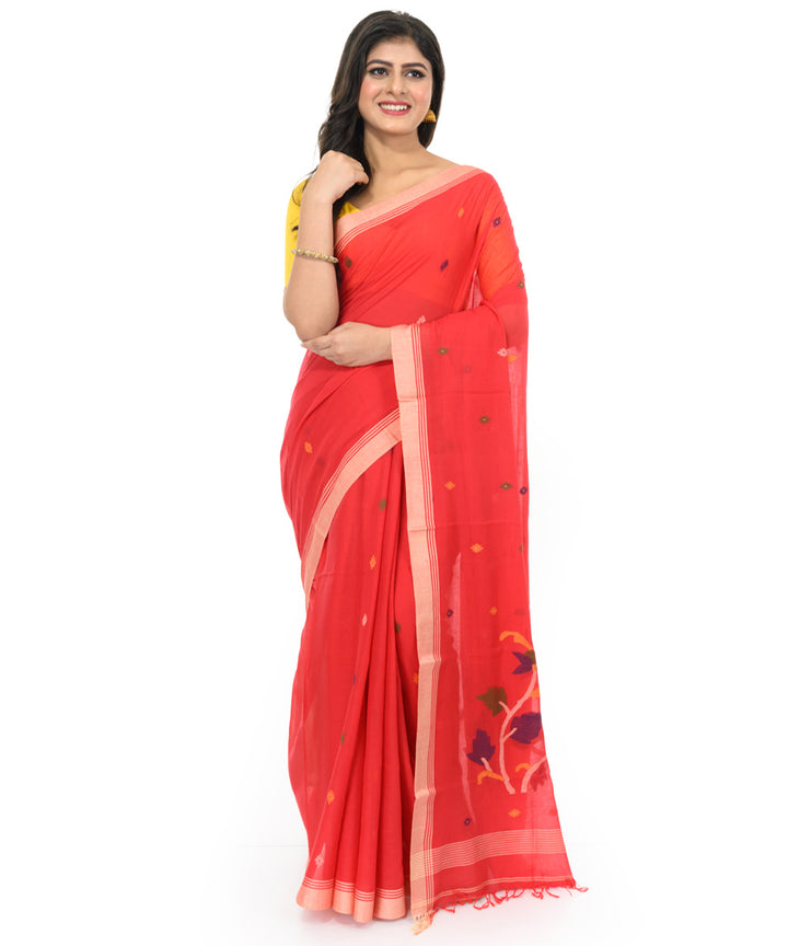 Red offwhite handwoven bengal cotton saree
