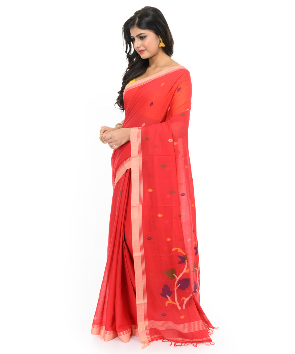 Red offwhite handwoven bengal cotton saree