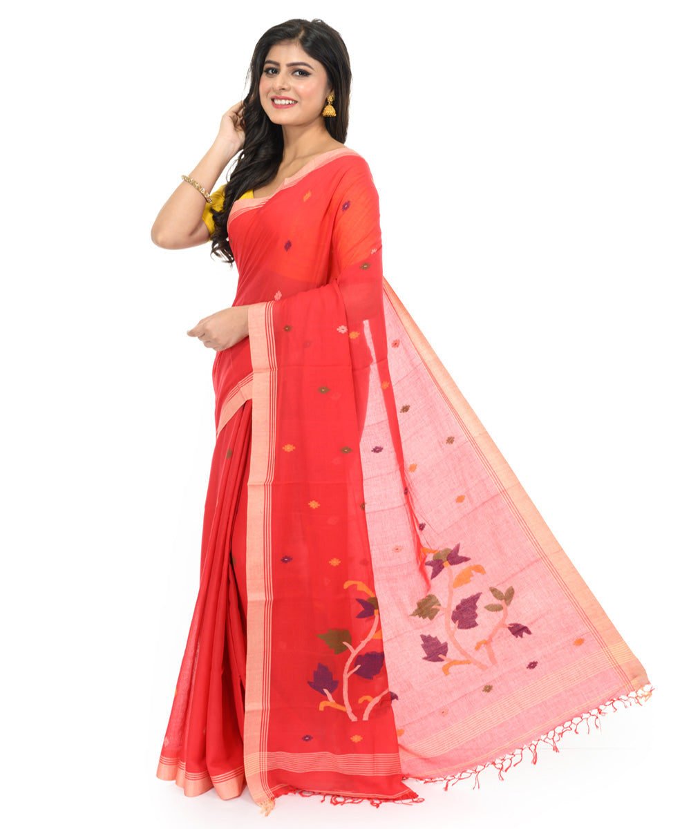 Red offwhite handwoven bengal cotton saree