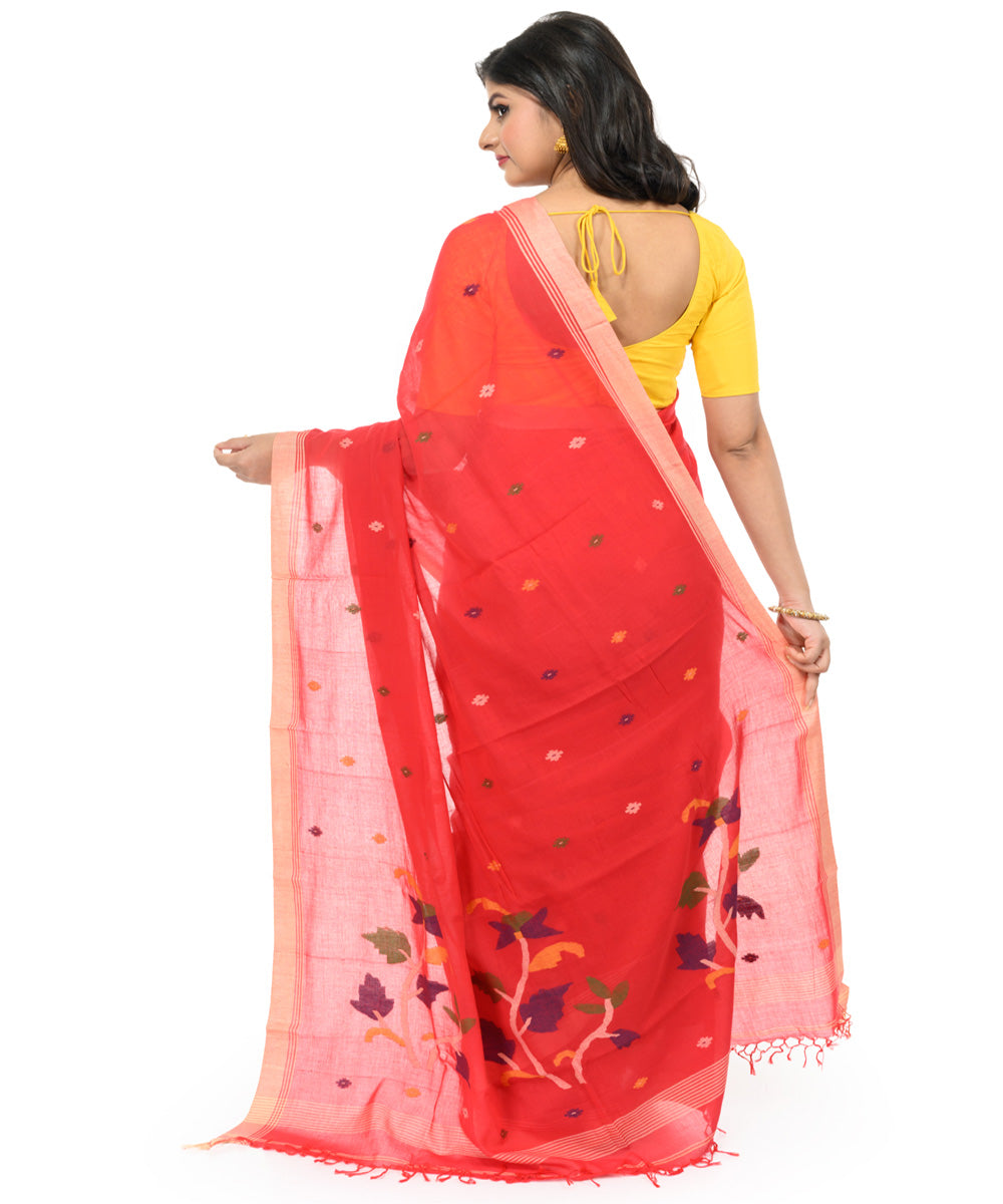 Red offwhite handwoven bengal cotton saree