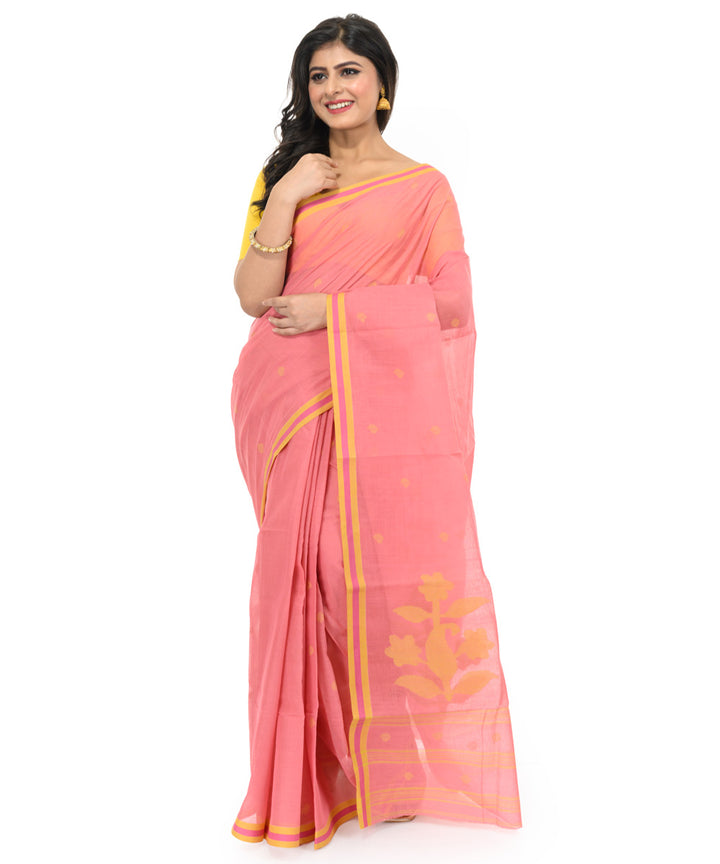 Peach handwoven bengal cotton saree