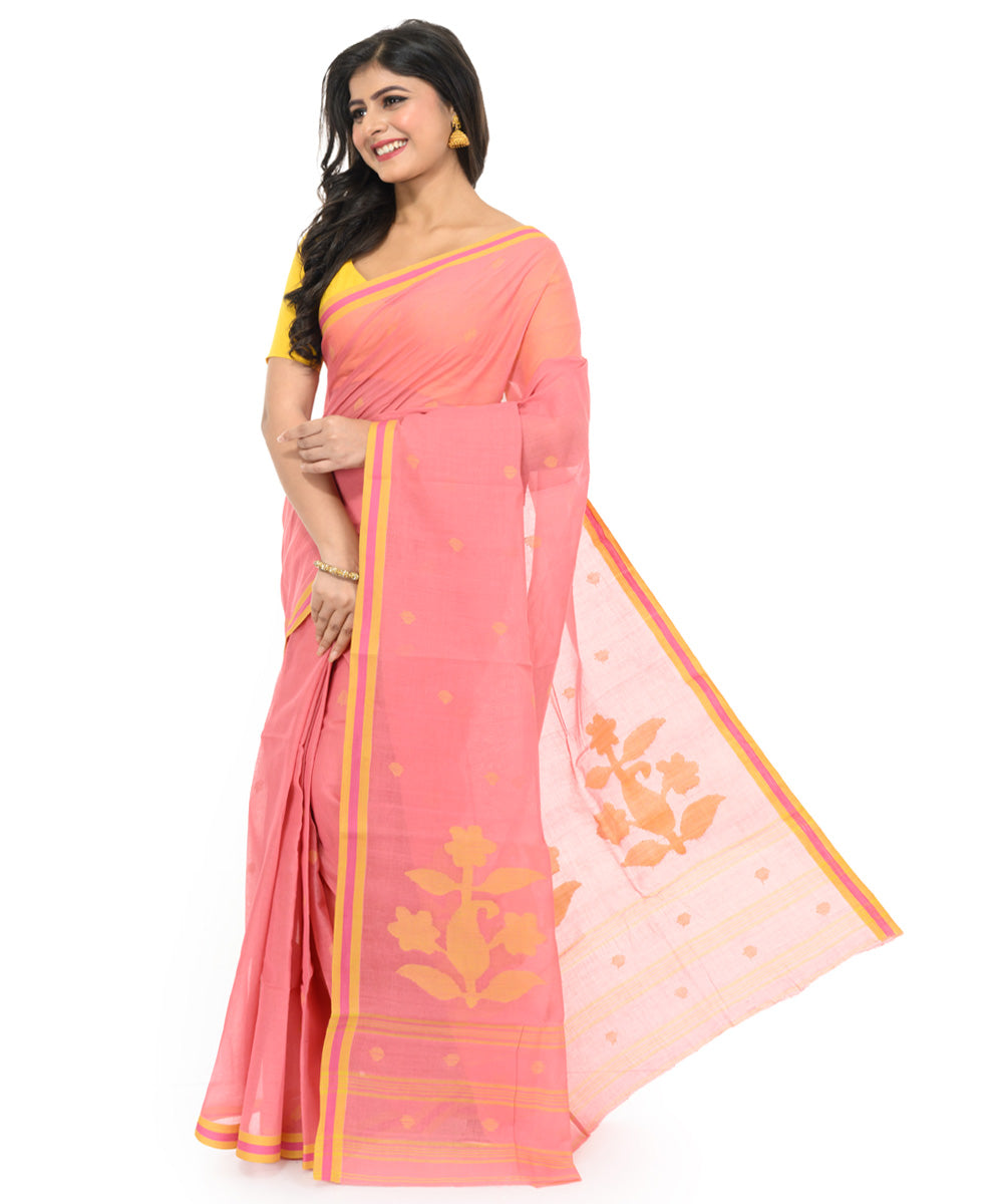 Peach handwoven bengal cotton saree