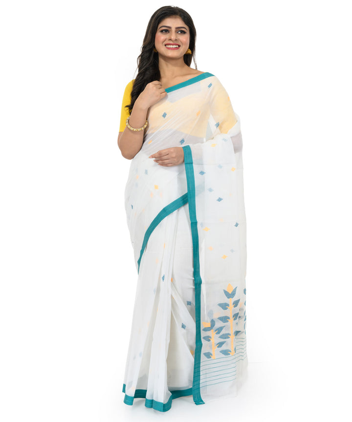 White blue handwoven bengal cotton saree