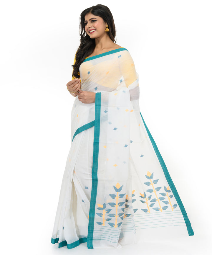 White blue handwoven bengal cotton saree