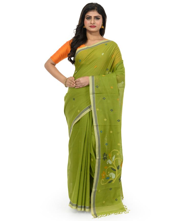 Dark green brown handwoven bengal cotton saree