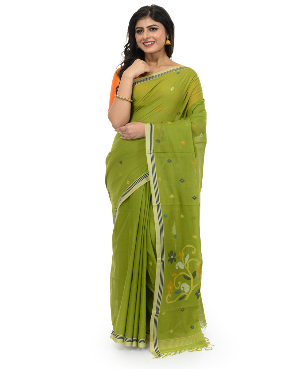 Dark green brown handwoven bengal cotton saree