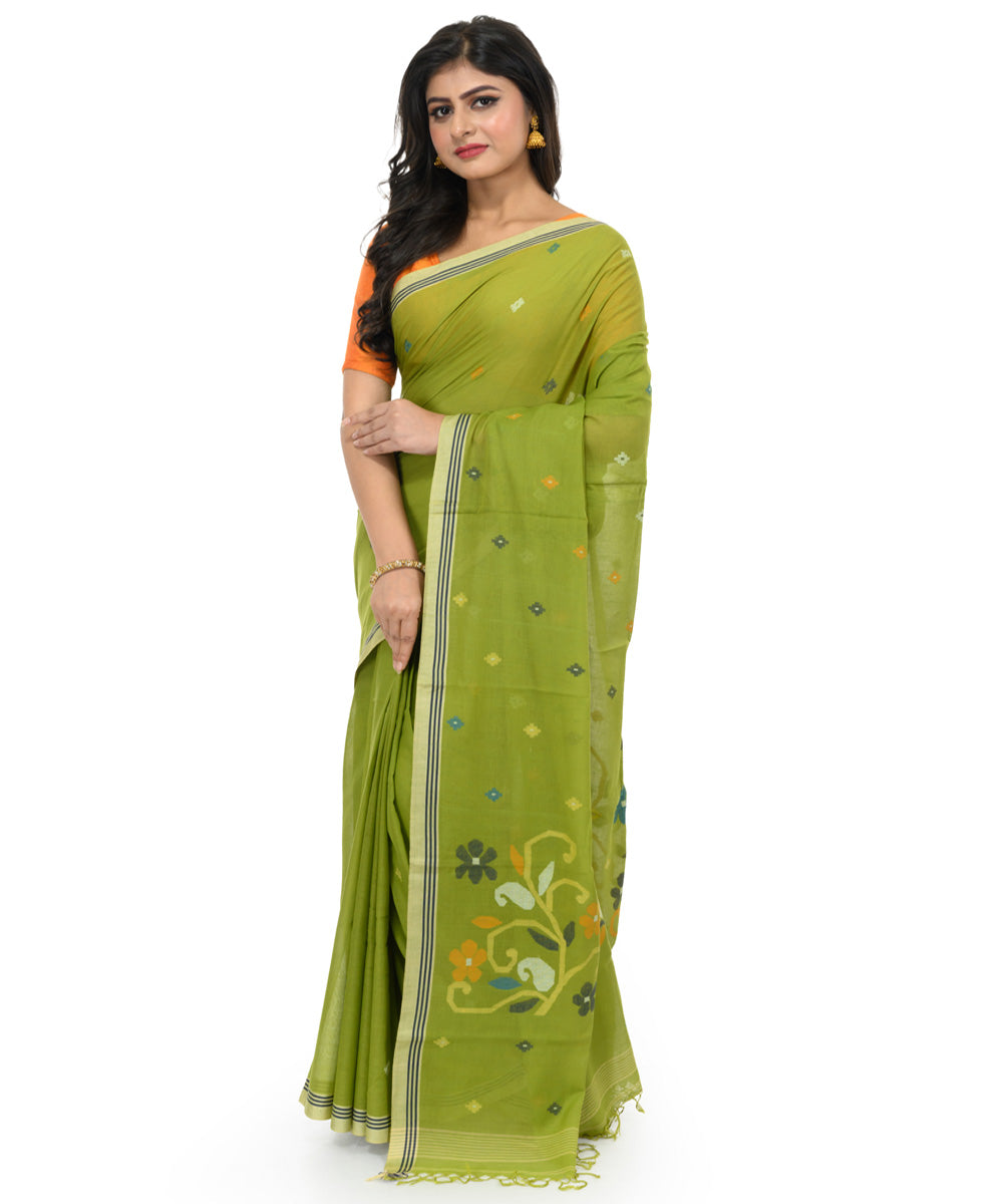 Dark green brown handwoven bengal cotton saree