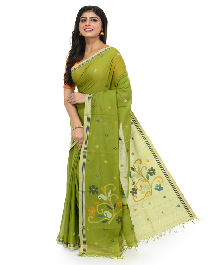 Dark green brown handwoven bengal cotton saree