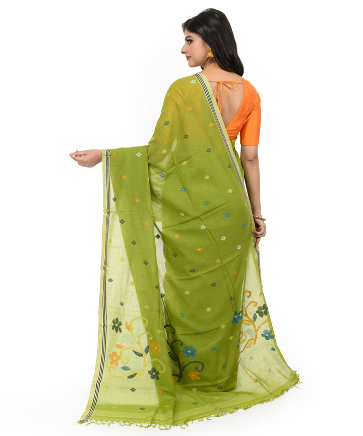 Dark green brown handwoven bengal cotton saree