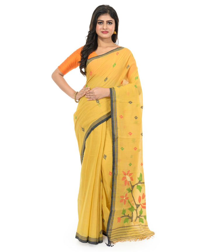 Yellow hand woven bengal cotton saree