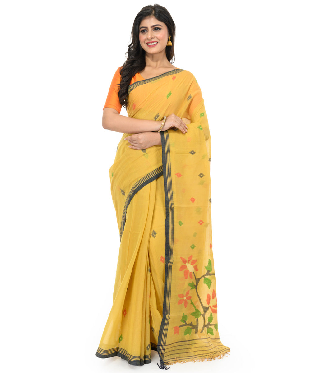 Yellow hand woven bengal cotton saree