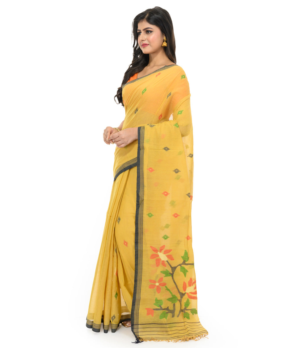 Yellow hand woven bengal cotton saree