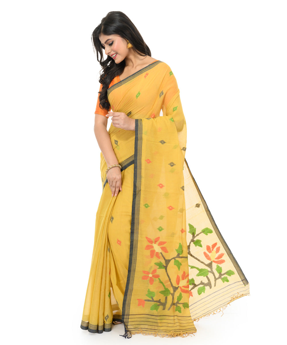 Yellow hand woven bengal cotton saree